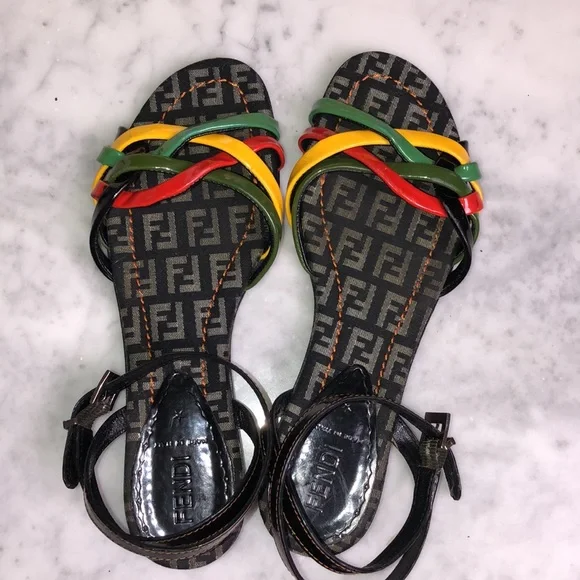 Fendi Multicolor Strappy Logo Sandals - Red, Yellow, Green, Black - Picture 8 of 9
